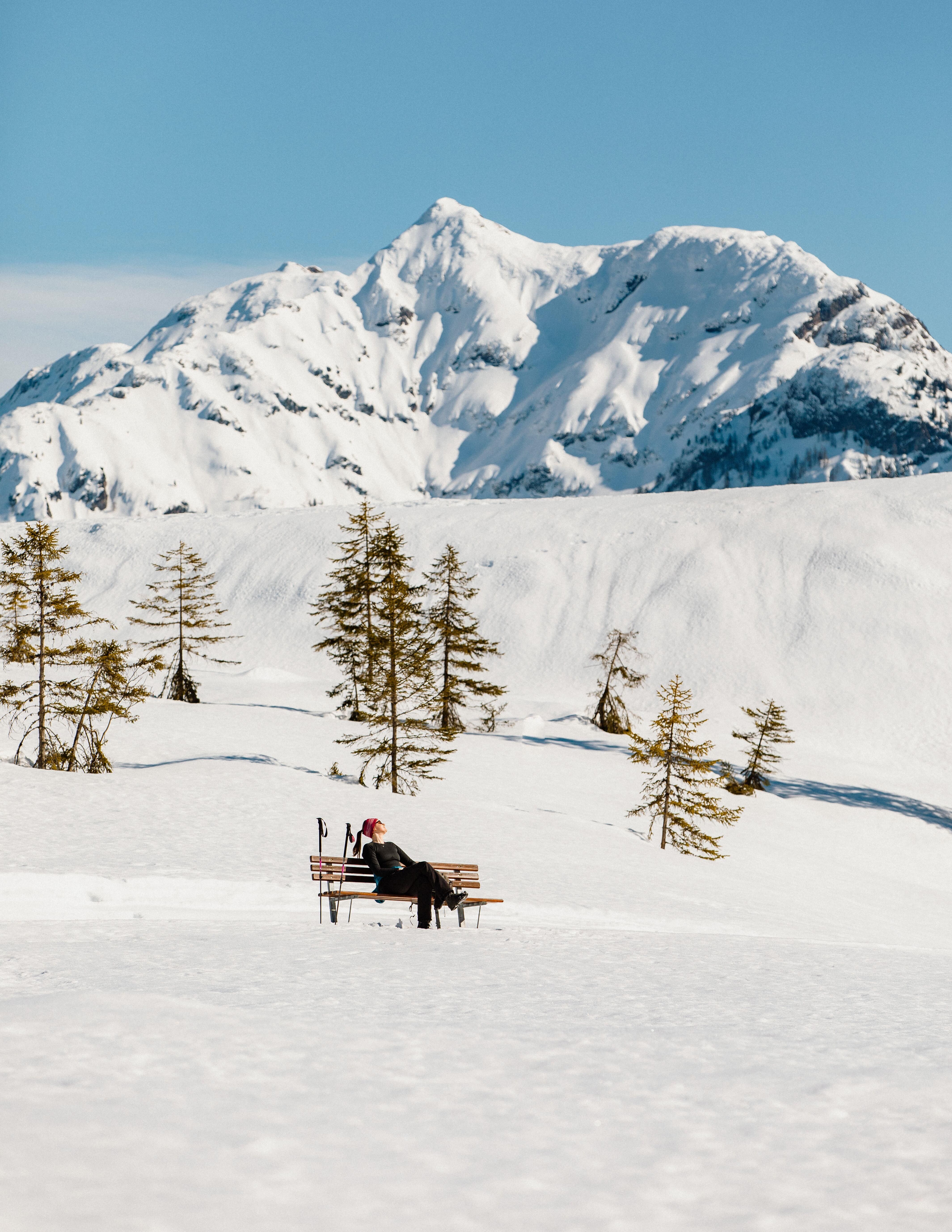 A snow-covered landscape featuring a man on a bench. In the background, majestic mountains and some coniferous trees are visible.