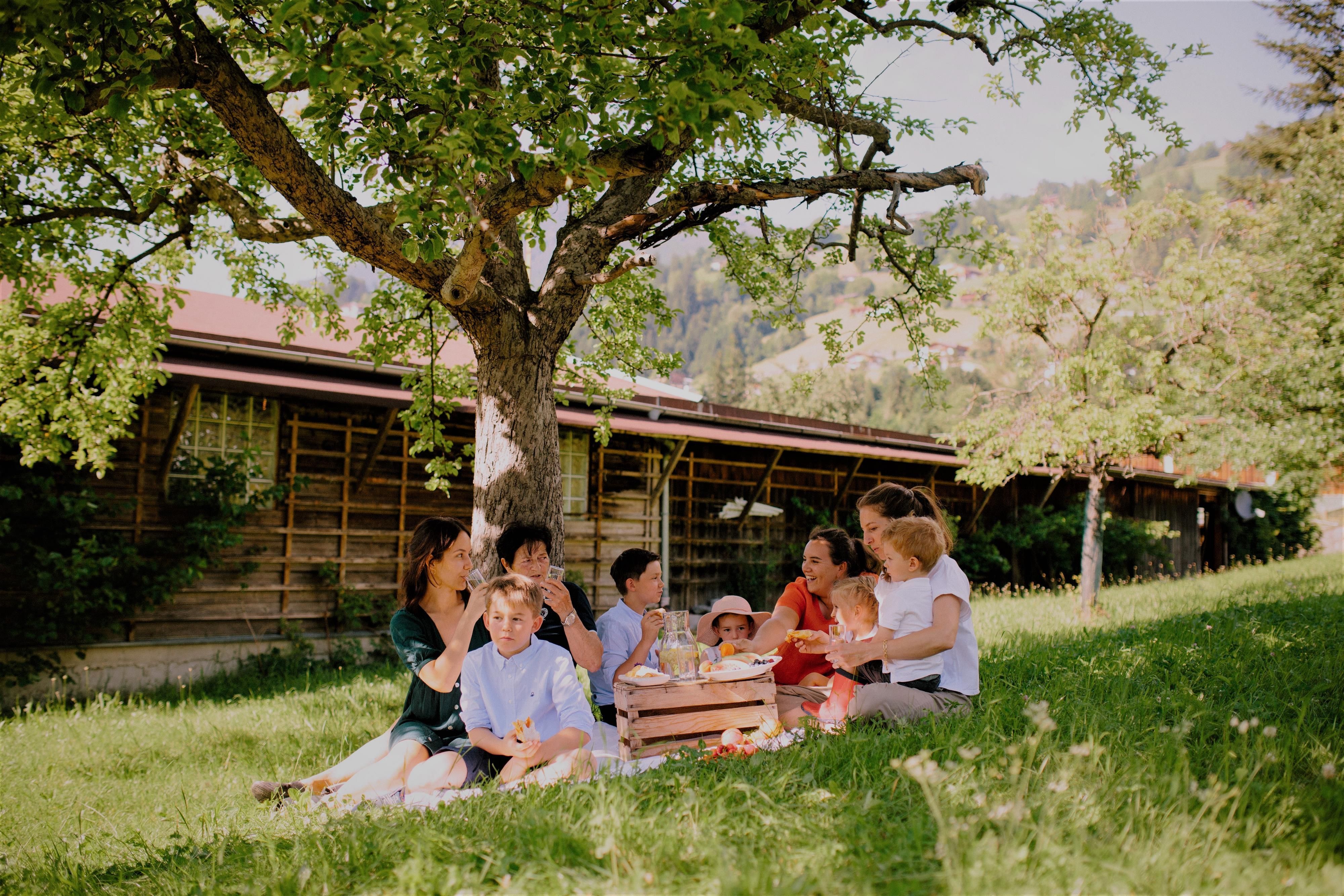 A cheerful family is having a picnic in the green. They are sitting under a large tree and enjoying their time together.