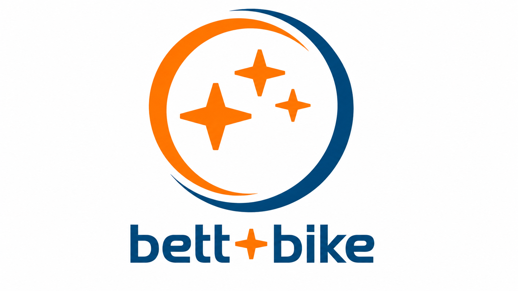 A logo with the inscription "bett+bike" in blue text. Above it, three orange stars are arranged in a circle.