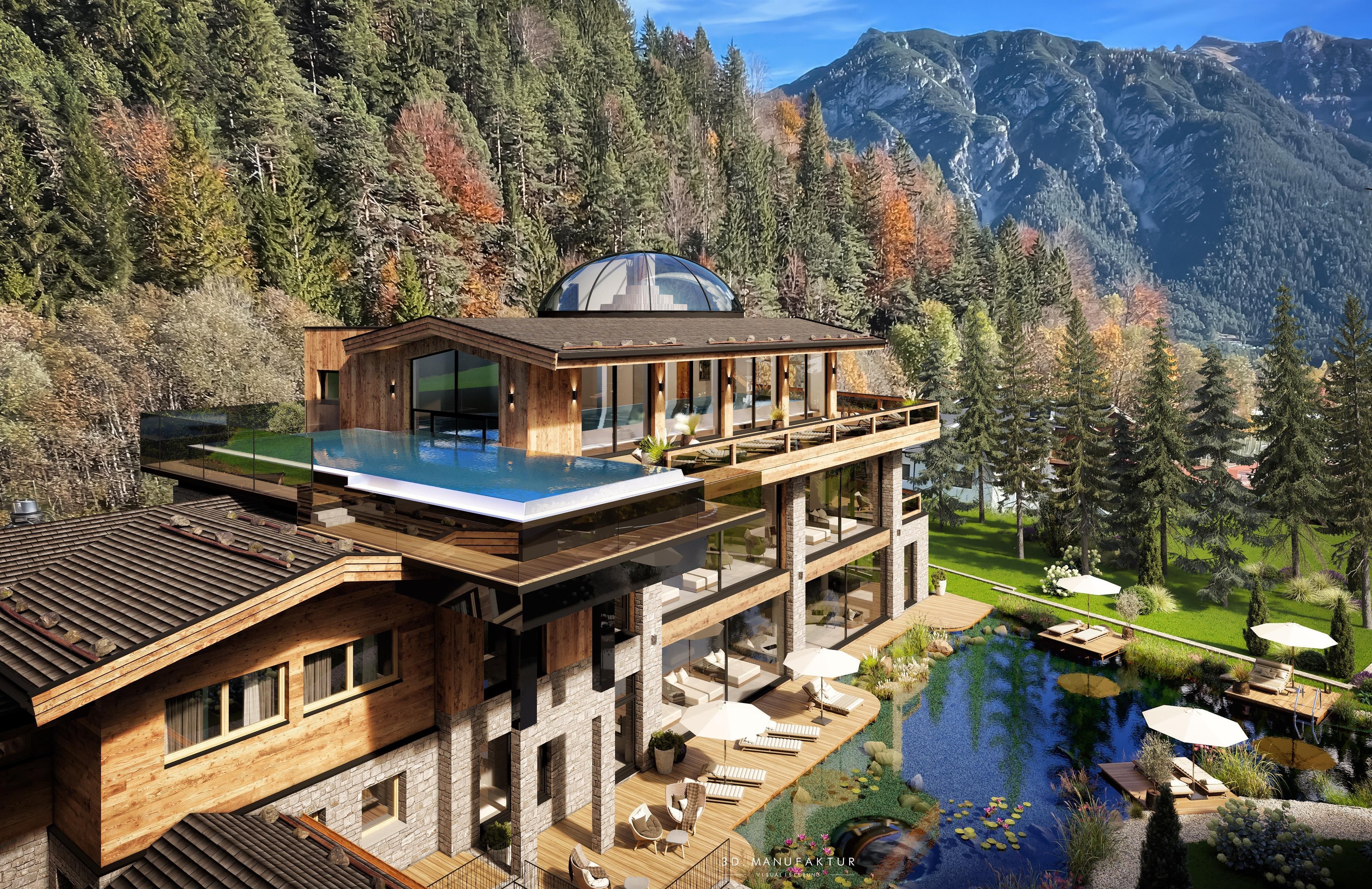 A modern villa in the mountains with a rooftop pool. Surrounded by trees and a picturesque landscape.
