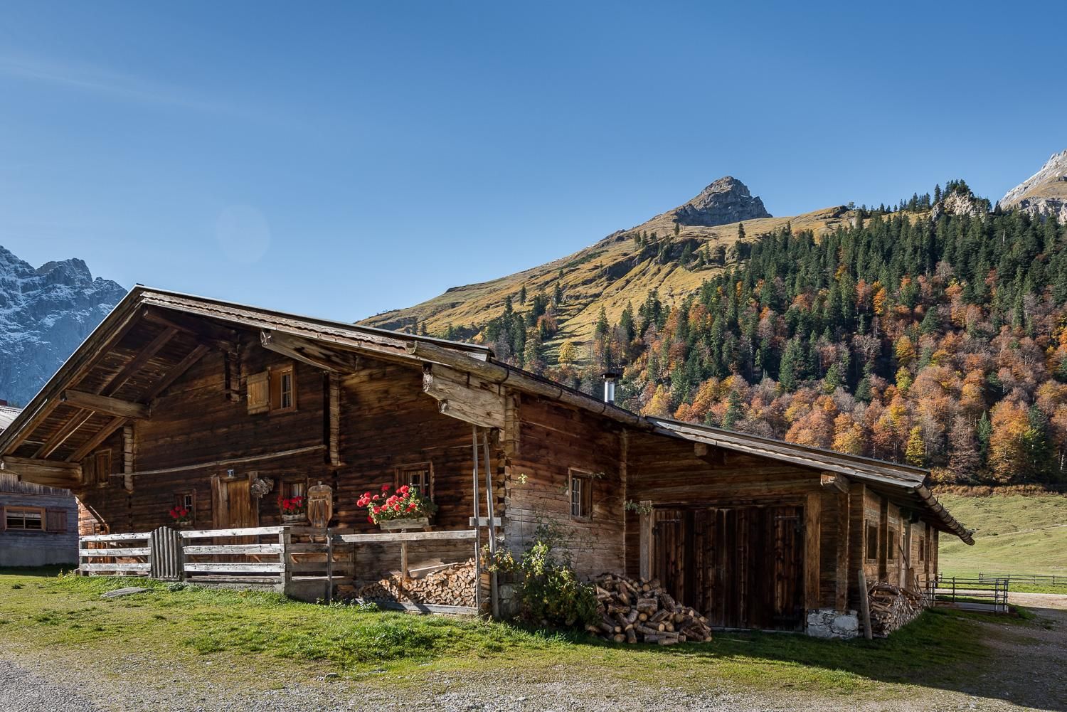 A traditional alpine hut surrounded by picturesque mountains and colorful autumn trees. The clear sky and tranquil landscape give the scene a peaceful atmosphere.