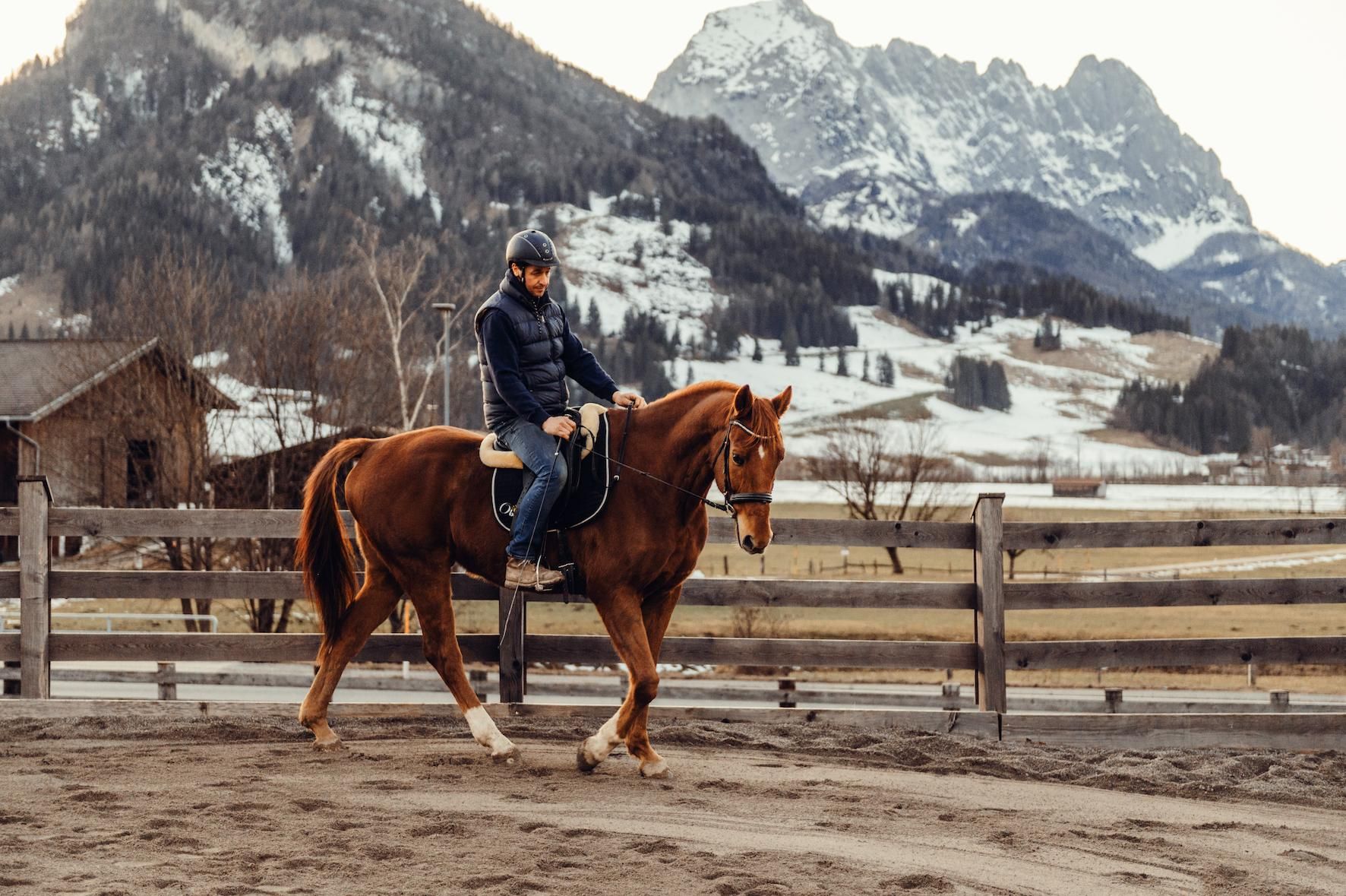 A rider is sitting on a brown horse in an equestrian arena. In the background, snow-covered mountains and a rural landscape are visible.