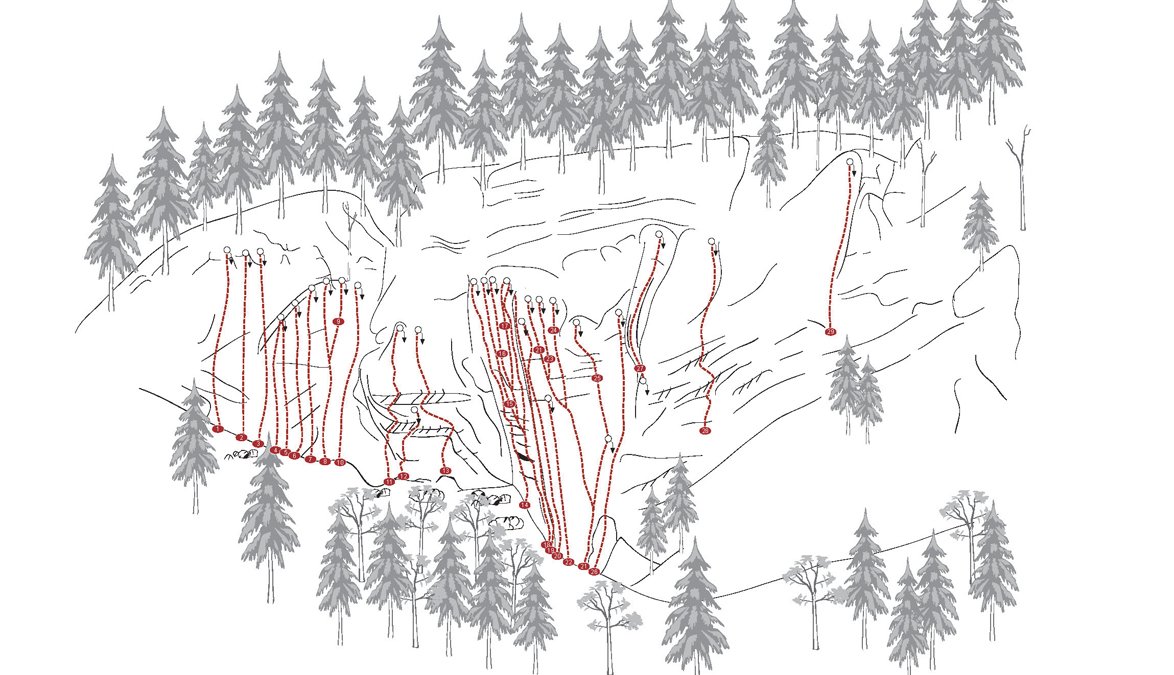 Mapa lezeckých tras v okolí chaty Dolomitenhuette
