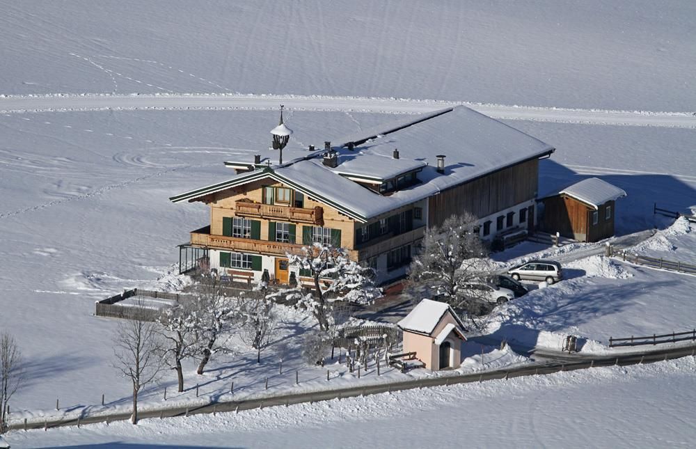 A beautiful wooden house in the snow, surrounded by a wintry landscape. The eaves are covered in snow and there are some trees nearby.