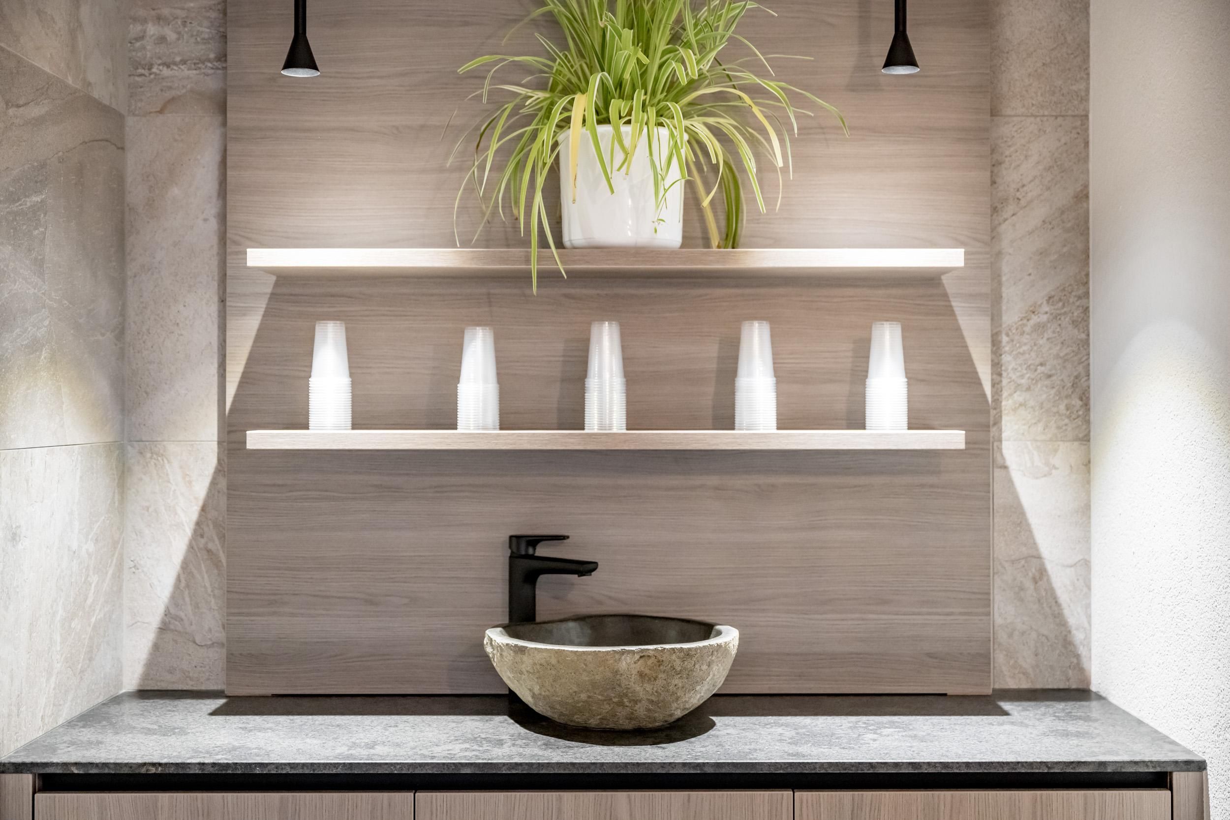 A modern bathroom with a stylish stone wash basin and a plant arrangement. Shelf units with glasses complement the elegant design.