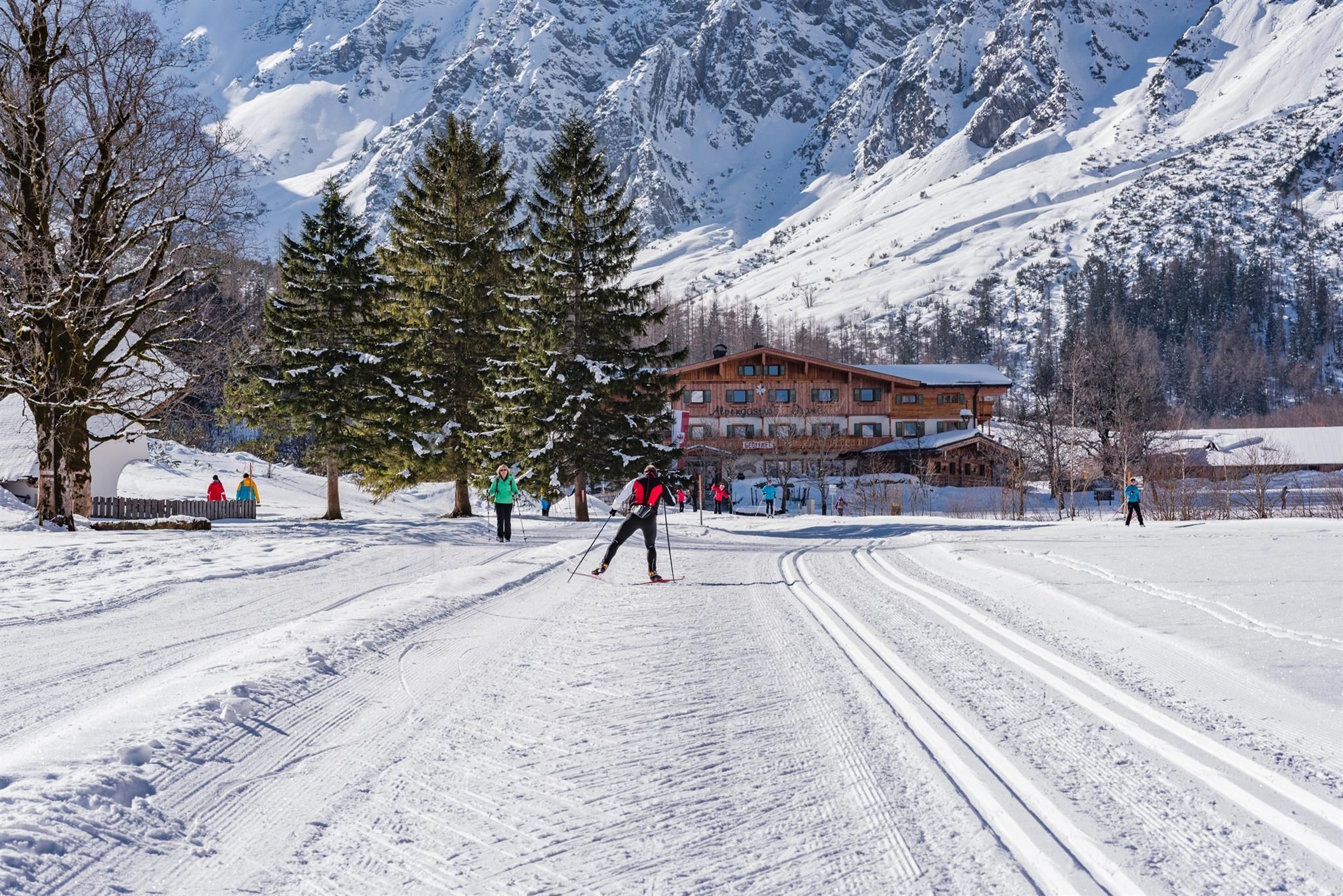 A snowy landscape with skiers and a cozy house in the background. Surrounded by high mountains and coniferous trees.
