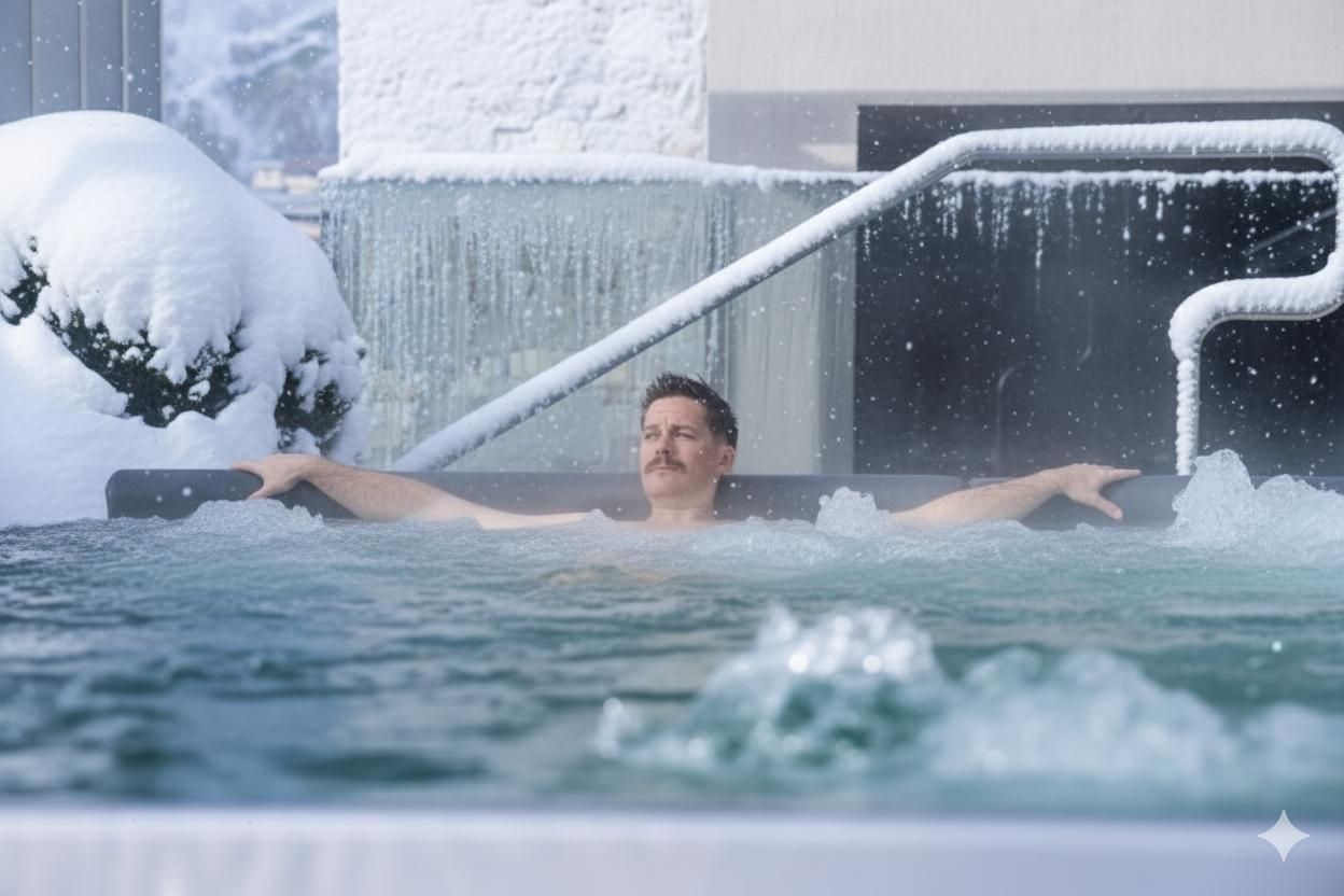 A man relaxes in an outdoor hot tub, surrounded by snow. The steaming water surface provides a beautiful contrast to the cold surroundings.
